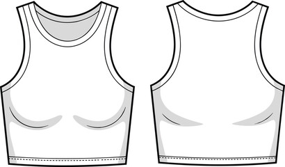 CAD drawing flat vector illustration of sleeveless cropped tank top front and back, technical fashion sketch, women's activewear top, gym workout clothing
