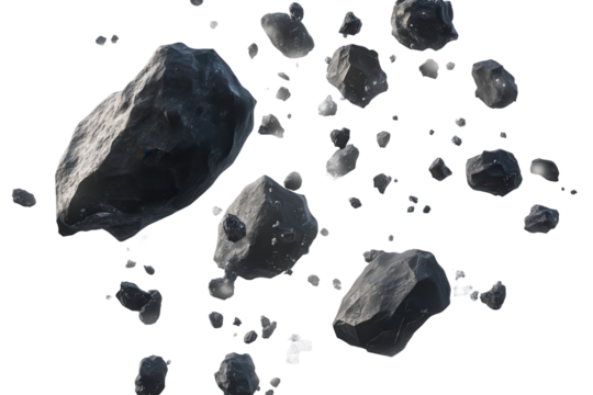 Swarm of asteroids composed of boulders and stone meteors drifting through space amid a celestial backdrop