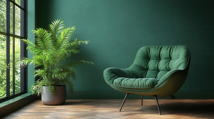 Stylish green lounge chair with indoor plant on wooden floor, clean modern vibe 