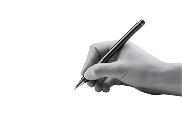 Hand gripping black pen ready to write, isolated on a transparent background