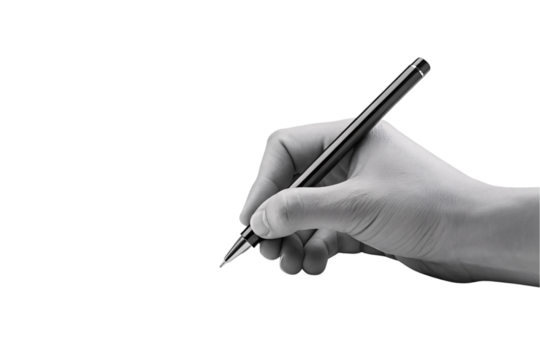 Hand gripping black pen ready to write, isolated on a transparent background