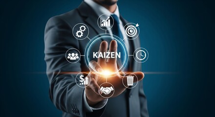 Kaizen Circular Diagram with Large Business Icons in Hand – Process and Performance Improvement Concept