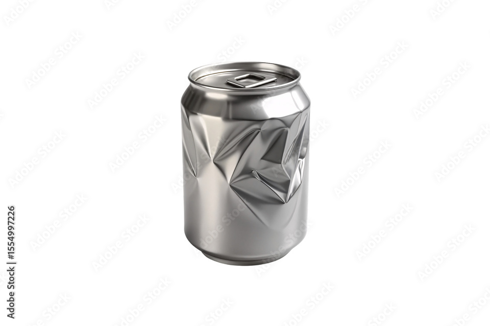 Poster metallic silver soda can with geometric angular indentations creating dimensional sculptural surface