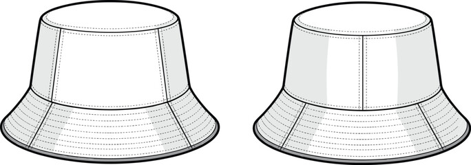 CAD drawing flat vector illustration of front and back view unisex bucket hat with detailed topstitching, fashion accessory template, technical hat sketch