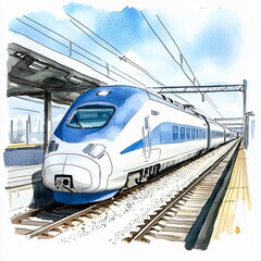 Fototapeta premium High-speed train departure at modern station urban environment watercolor art dynamic perspective transportation concept