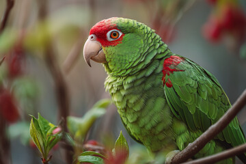 Portrait of a green parrot with red accents perched on a branch, close-up detail of feathers with soft background