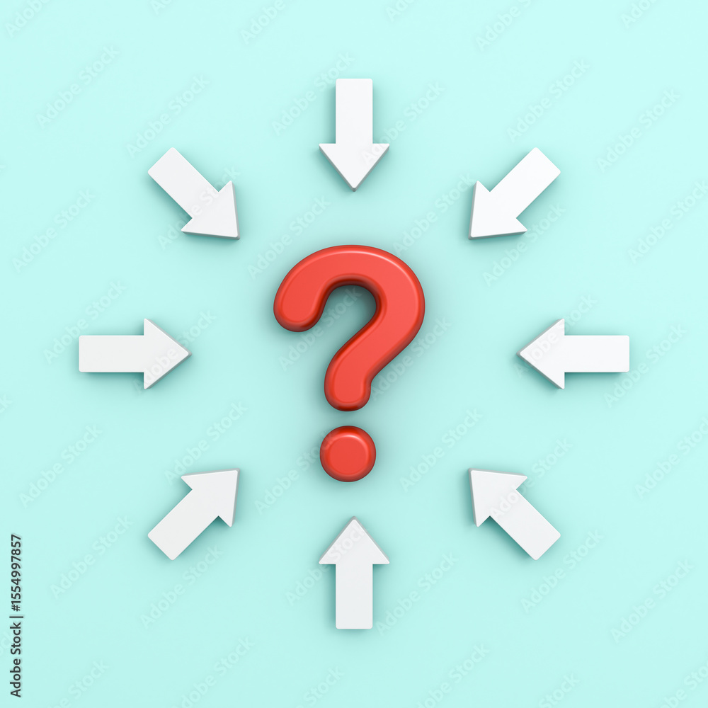 Poster focusing white arrows aiming or pointing at red question mark isolated on light blue green mint past