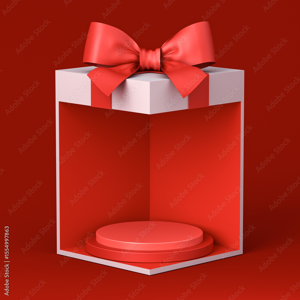 Poster blank red round podium pedestals in exhibition booth gift box corner product display mockup showcase