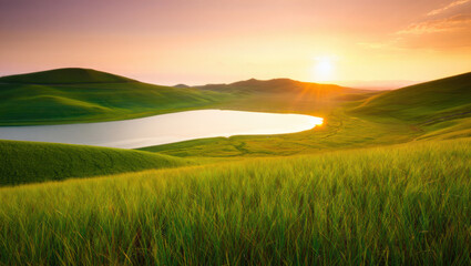 Fototapeta premium Sunset Lake with Green Hills, and Summer Landscape.