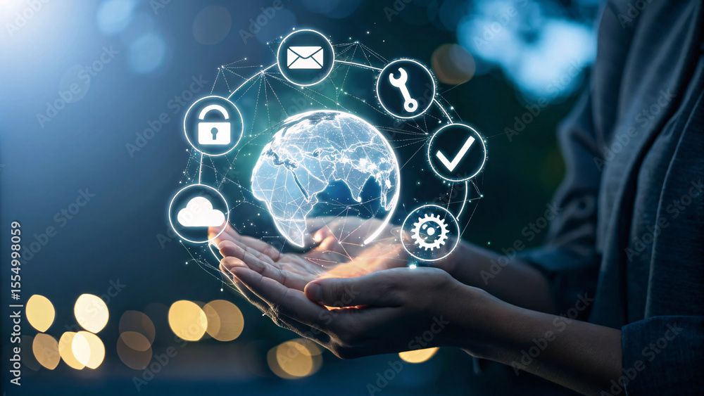 Poster hands holding a glowing digital globe with interconnected service icons and blurred background light