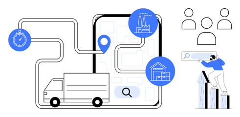 Delivery truck on map with route, location pin, stopwatch, and facility icons man analyzing graph. Ideal for logistics, delivery service, supply chain, business strategy, success time tracking