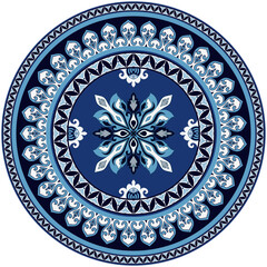 Blue Mandala Ornament Pattern, Traditional Floral Geometric Design, Circle Rug