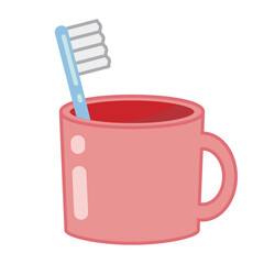 ピンクのコップに入った水色の歯ブラシのイラスト