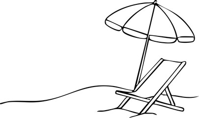 Minimal hand-drawn beach scene with lounge chair and umbrella on the sand. Simple black outline for summer, vacation, travel, and relaxation themed designs