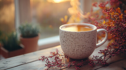 Calm moment with hands around speckled tea mug and soft rising steam 