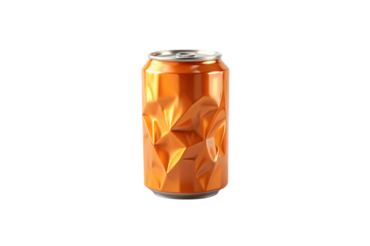 Orange metallic beverage can with geometric diamond pattern surface reflecting light creating prismatic crystalline texture, isolated on a transparent background