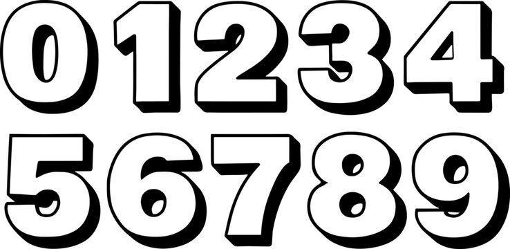 Bold 3D cartoon numbers from 0 to 9 with black shadow outline on white background. Fun comic style for kids, posters, education, and playful design projects