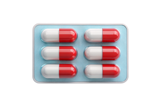 Six red and white capsule medications arranged in blue plastic blister packaging with silver backing, isolated on a transparent background