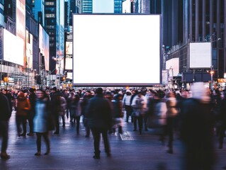 Blank billboard in Times Square, surrounded by a bustling crowd of people at night.