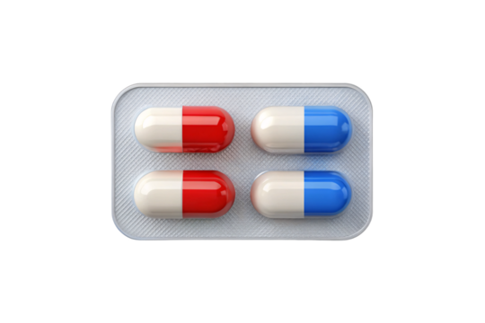 Four capsules with red and blue halves in silver blister pack pharmaceutical medication packaging, isolated on a transparent background