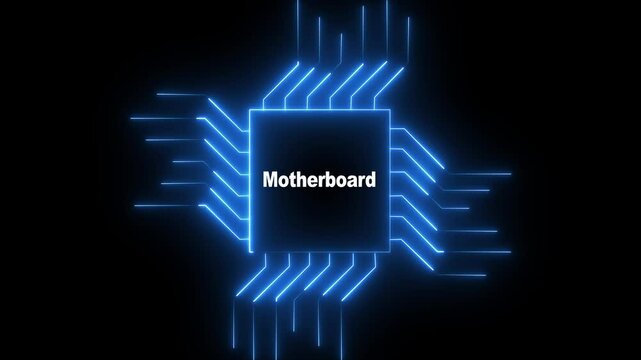 The digital circuit board icon  features a glowing. Digital technology artificial intelligence concept design. Abstract futuristic style. Motion graphic. chip set and circuit data transfer.