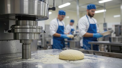 Baker in uniform preparing dough with hands in a kitchen bakery setting