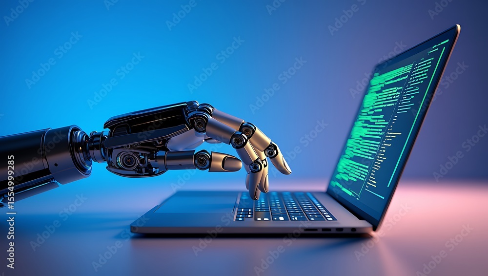 Poster robotic arm typing on a laptop with green code displayed on the screen a futuristic technology conce
