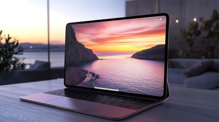 Close up of modern laptop with blue screen. Technology concept. 3D Rendering