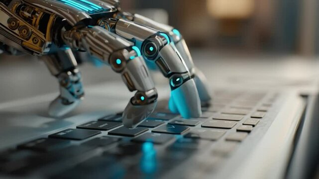 Robotic hand typing on a keyboard demonstrates advanced technology in action