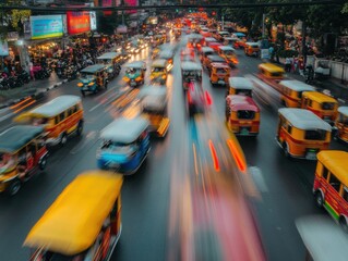 Busy city street with many colorful vehicles, including jeepneys, moving in blurred motion during daytime.