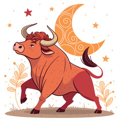 Majestic Bull Illustration with Crescent Moon and Celestial Backdrop