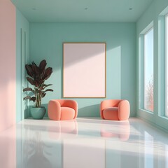 Modern interior design with peach chairs and blank frame mockup photo