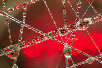 Pattern of droplets stuck on plastic fibers with a blurred red background.