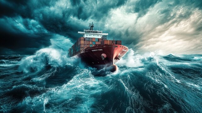 A cargo ship navigates turbulent ocean waves under a dramatic, stormy sky.