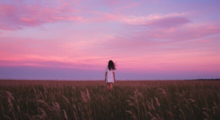 Fototapeta premium A woman in white dress stands in a golden field under a vibrant, pink and purple sunset sky