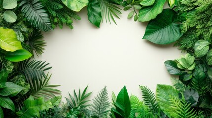 Lush Green Tropical Leaves Frame on Neutral Background, Botanical, Foliage