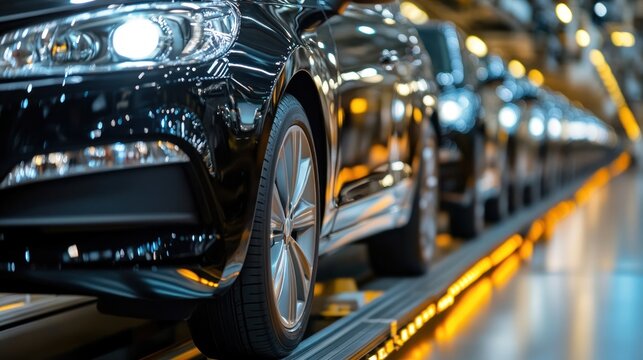 New cars on a production line, moving slowly towards completion in a modern factory.