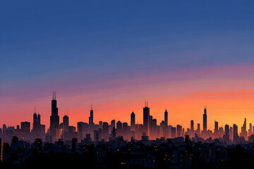 Fototapeta premium City skyline at sunset orange and purple sky buildings lights