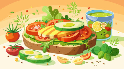 Creamy avocado slices, sprouts, cucumber, tomato, and shredded carrots fill a hearty whole grain sandwich. A vegan spread glistens beneath the top slice. The scene is bright and healthy, with fresh 