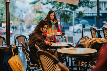 Two women are captured in an urban outdoor cafe setting. One is seated using a phone, while the...