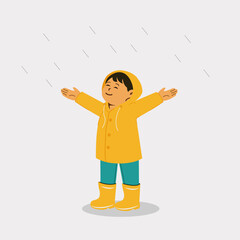 Flat vector illustration. Boy enjoying rain. Raincoat, rubber boots. Rainy weather