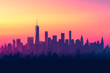City skyline at sunset pink and purple hues skyscrapers buildings cityscape