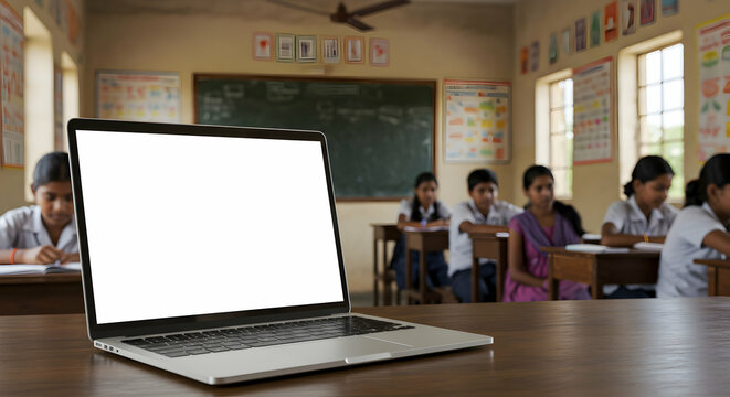 Laptop with blank screen in classroom Indian school education technology learning children students teacher lesson online class