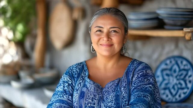 Talavera display by a welcoming vendor in natural light