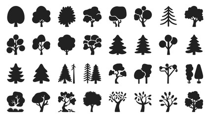 Obraz premium Silhouette tree icon collection in black and white featuring various deciduous and coniferous tree shapes perfect for nature logos eco designs landscape projects infographics and environmental graphic