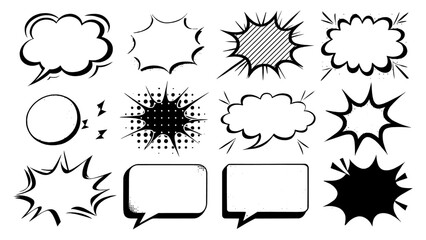 Naklejka premium Comic book speech bubble and explosion shape collection in black and white featuring blank pop art style dialogue boxes and action bursts perfect for retro comics design stickers templates 