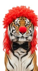 tiger dressed as a clown with a colorful wig, red nose, and bow tie. Humorous and surreal animal portrait on white background