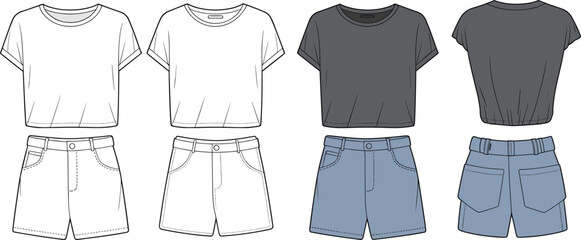 CAD drawing flat vector illustration of casual summer outfit, crop t-shirt and denim shorts, front and back view technical fashion design template sketch