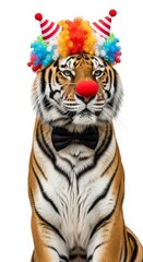 tiger dressed as a clown with a colorful wig, red nose, and bow tie. Humorous and surreal animal portrait on white background