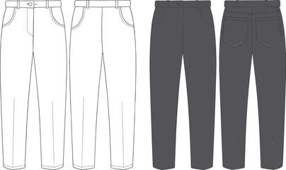 CAD drawing flat vector illustration of women’s tailored trousers, front and back view technical sketch, high waist straight leg pants fashion design template